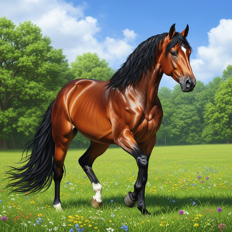 Majestic Chestnut Brown Horse in Verdant Pasture