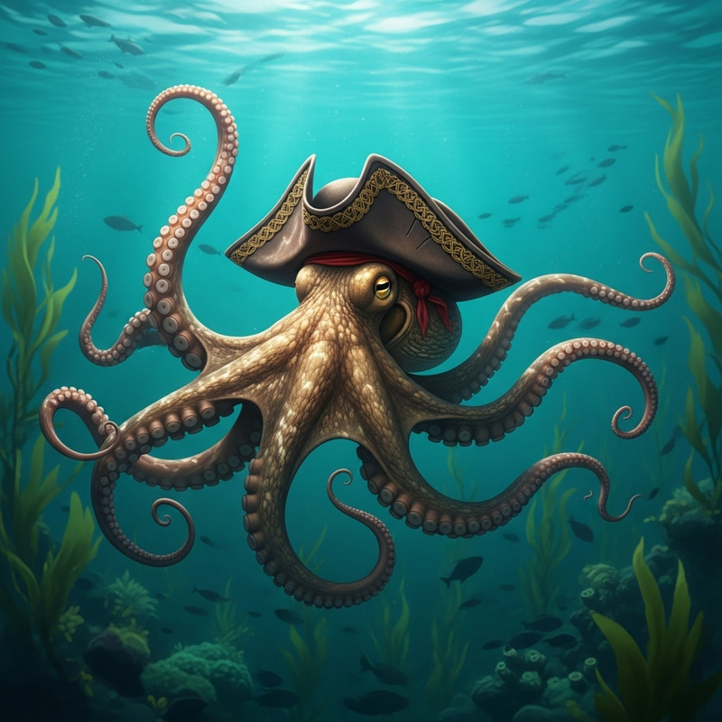 Octopus with Tricorn Pirate Hat in Teal Ocean Depths Octopus with Tricorn Pirate Hat in Teal Ocean Depths