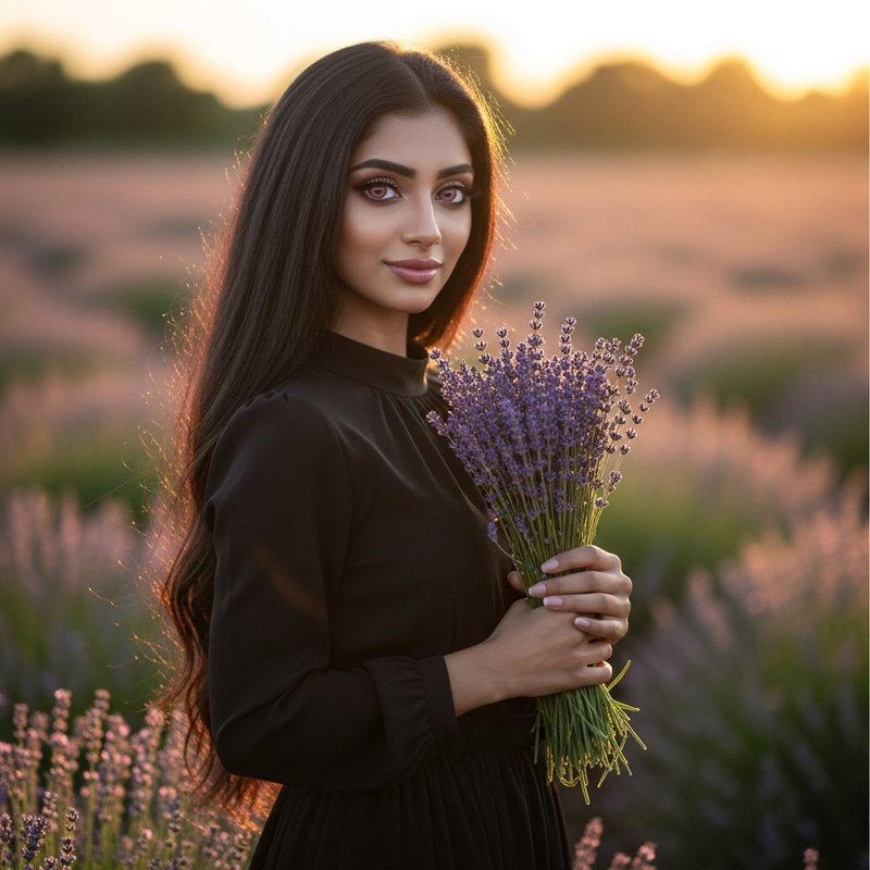 Ethereal Girl with Pink Eyes Holding Lavender Bouquet
