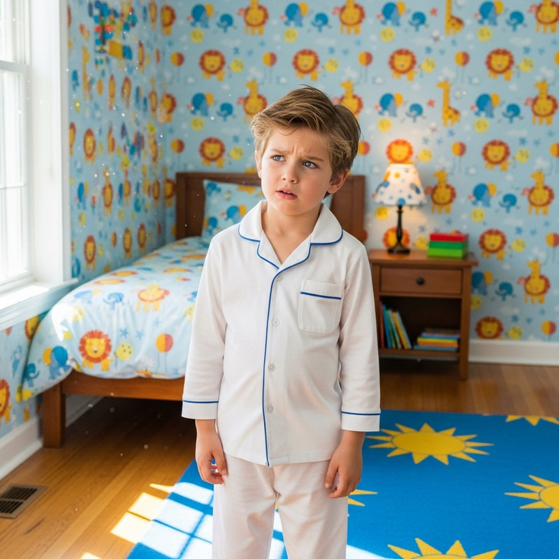 Confusion of Eight-Year-Old in Bedroom Decorated with Playful Wallpapers Confusion of Eight-Year-Old in Bedroom Decorated with Playful Wallpapers