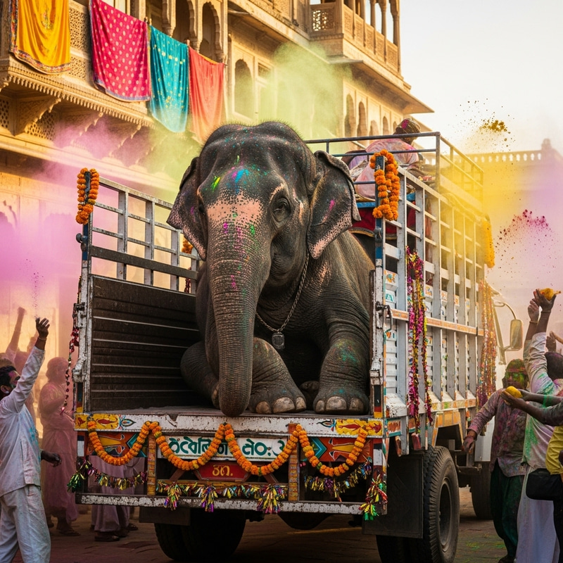 Indian Elephant Enjoys Holi Festival in Vibrant Truck