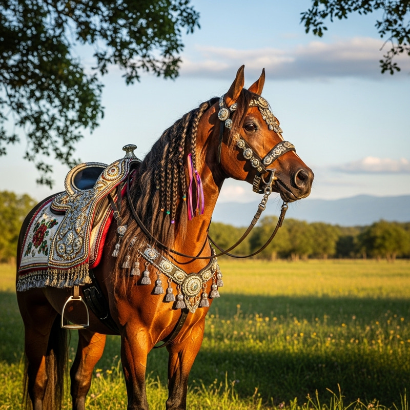 Magnificent Horse Adorned with Intricate Trimmmings in Open Field