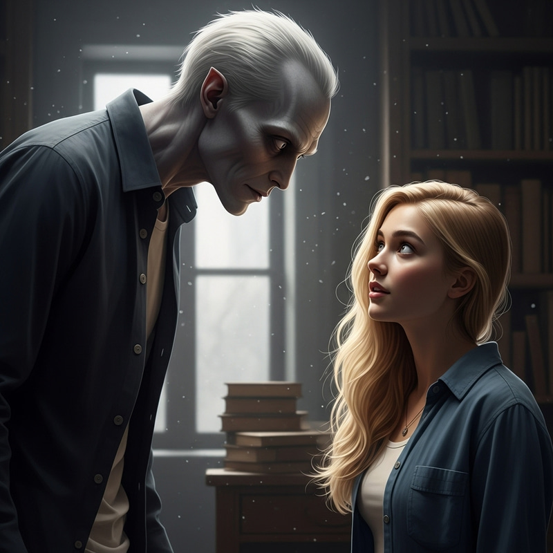 Mysterious Encounter: Pale Humanoid Observing Blonde Teen Mysterious Encounter: Pale Humanoid Observing Blonde Teen