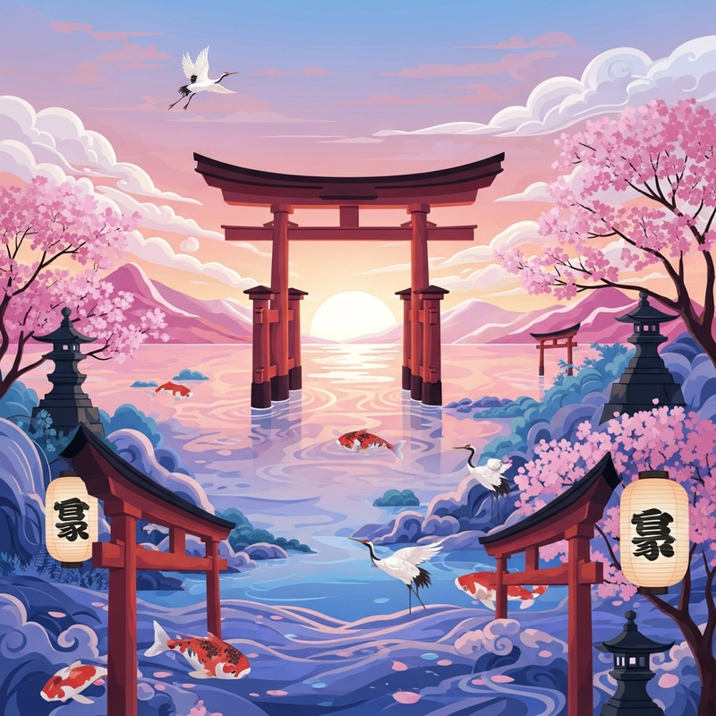 Japanese Architecture Influenced Landscape Artwork