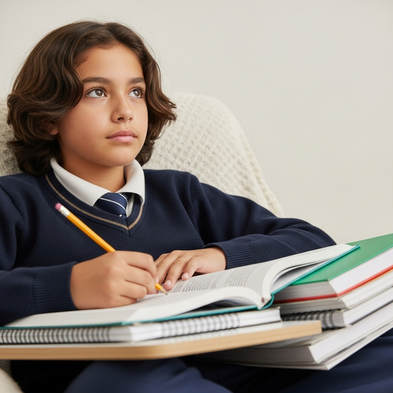 Thoughtful Brown Middle School Student Contemplating in Studious Atmosphere Thoughtful Brown Middle School Student Contemplating in Studious Atmosphere