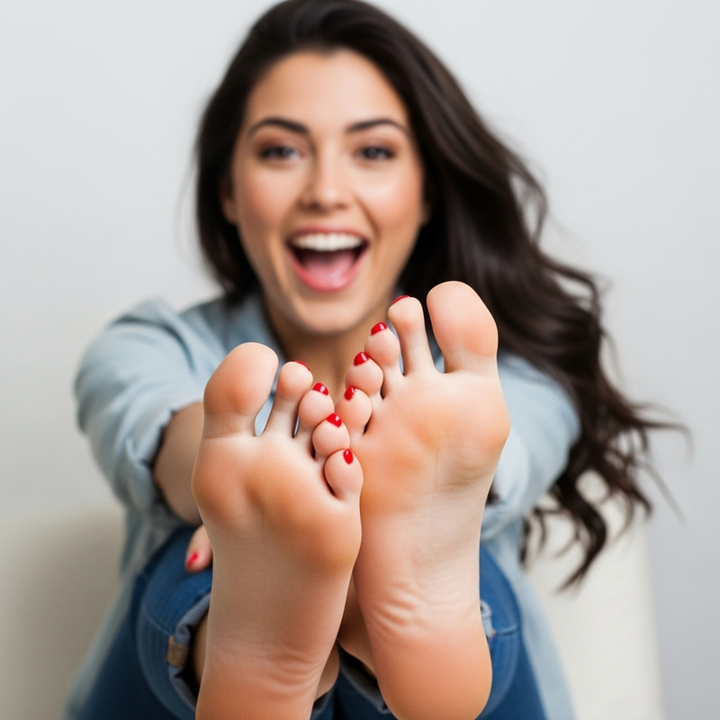 Excited Dark Hair Girl Showing Off Red Toenails Excited Dark Hair Girl Showing Off Red Toenails