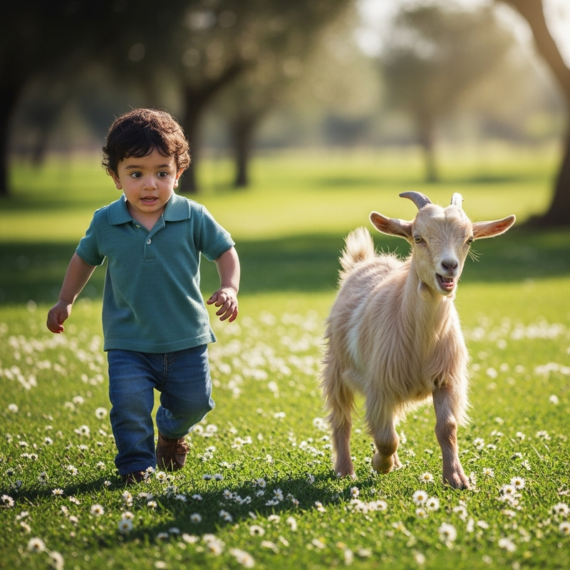 Young Boy Playfully Running Away from Friendly Goat