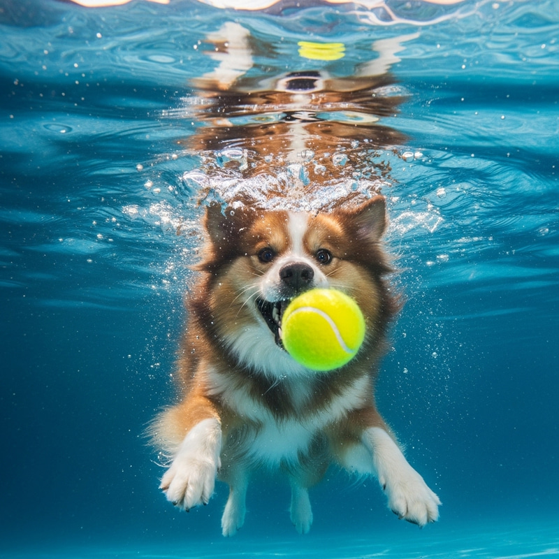 Joyful Dog Playing Underwater with Tennis Ball in Vibrant Colors
