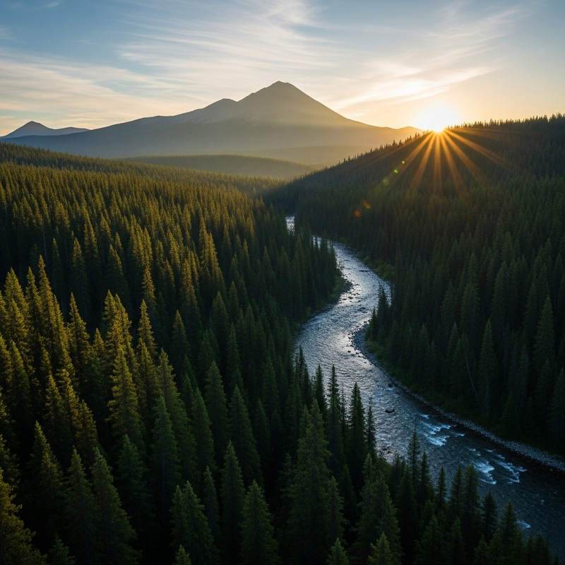 Tranquil Forest and River Scene with Mountain Sunrise