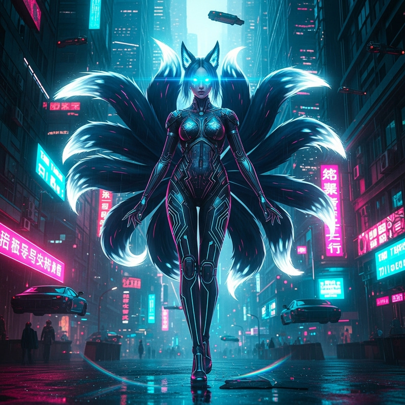 Elegant Cyberpunk Kumiho Girl in Futuristic City Elegant Cyberpunk Kumiho Girl in Futuristic City