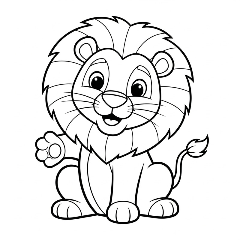 Classic Playful Lion Coloring Image - Kid-Friendly Black and White Design