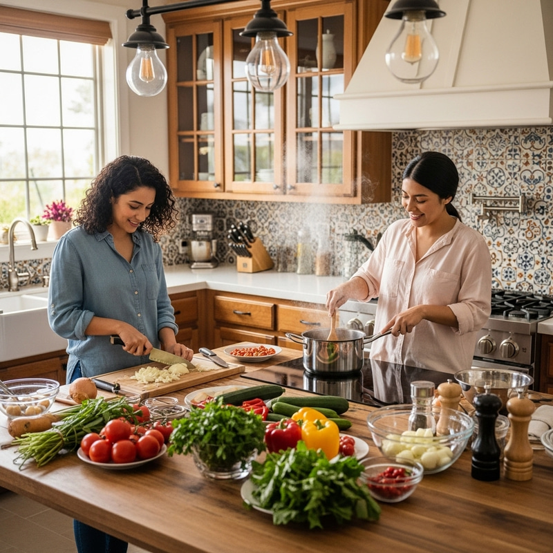 Cultural Fusion Cooking Scene at Wooden Kitchen Table Cultural Fusion Cooking Scene at Wooden Kitchen Table