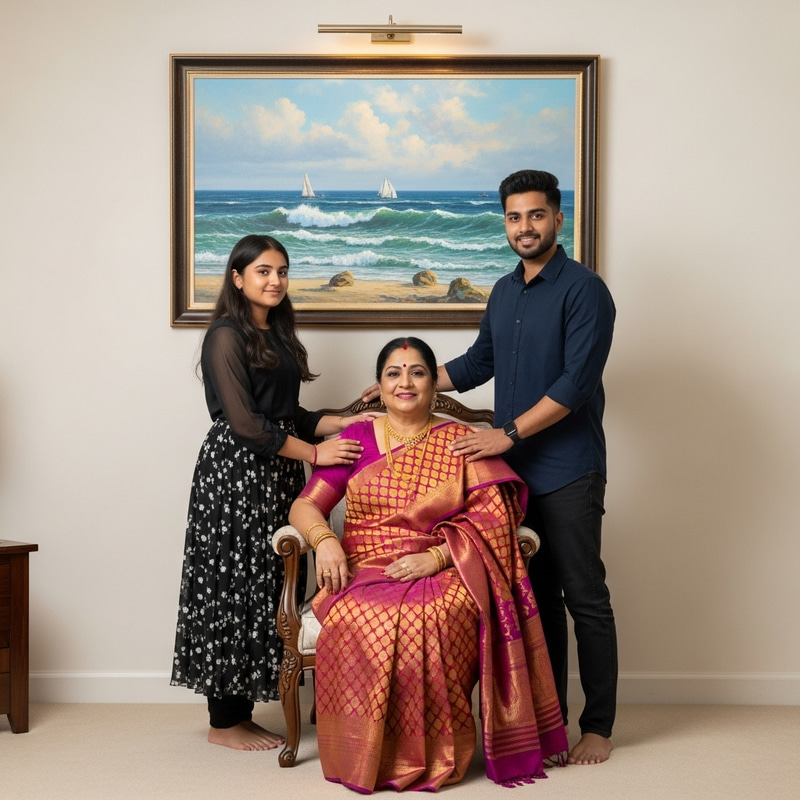 Enchanting South Asian Family Scene with Seascape Painting