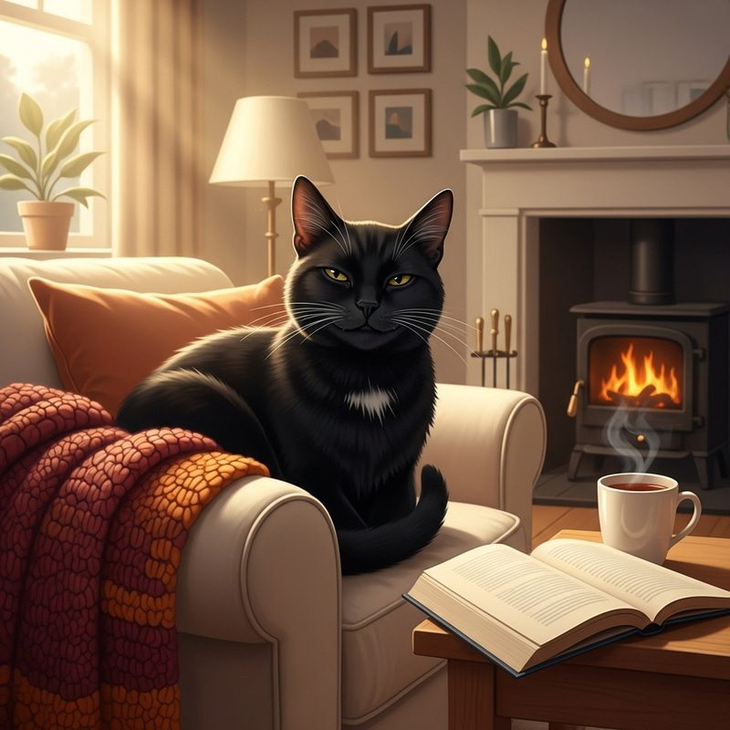 Asla the Black Cat in Cozy Home Setting Asla the Black Cat in Cozy Home Setting