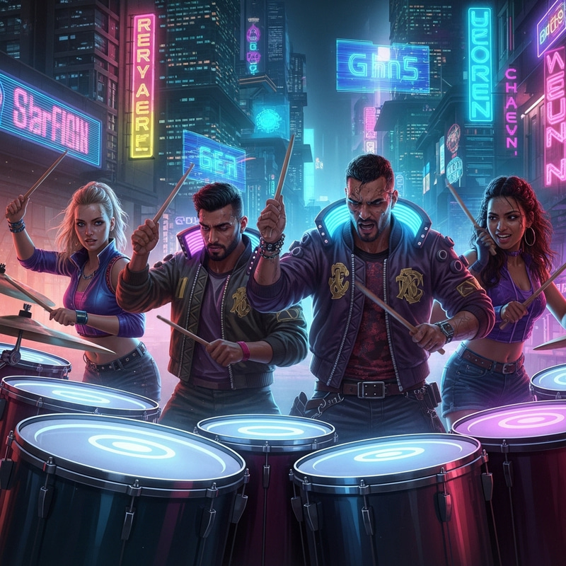 Cyberpunk Drums Ensemble: Futuristic Setting with Musicians