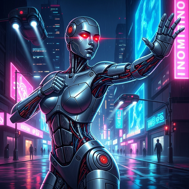 Futuristic Robotic Woman with Glowing Red Eyes | Cyberpunk Art