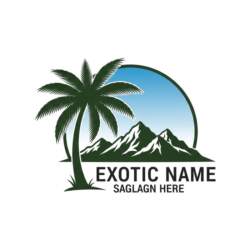 Exotic Destination Logo with Palm Tree and Mountains Exotic Destination Logo with Palm Tree and Mountains