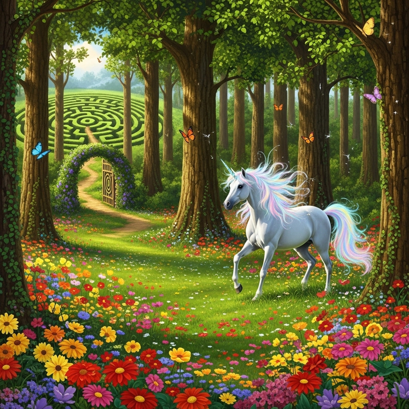 Enchanting Unicorn with Iridescent Mane in a Vibrant Meadow Enchanting Unicorn with Iridescent Mane in a Vibrant Meadow