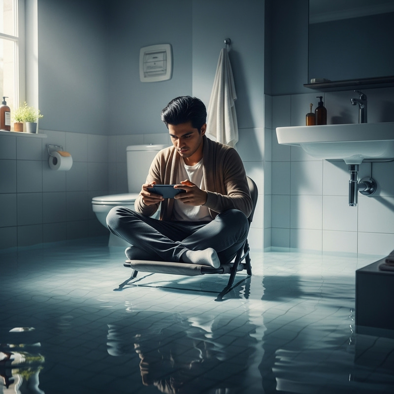 Playing Video Games in Water-Filled Bathroom