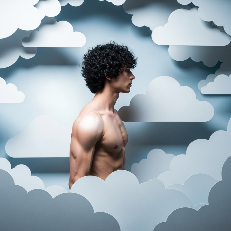 Muscular Man with Curly Hair Surrounded by Cut-out Clouds Muscular Man with Curly Hair Surrounded by Cut-out Clouds