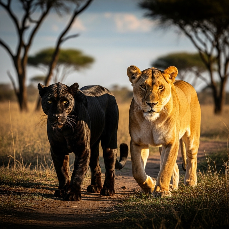Majestic Black Panther and Lioness Walking in Dramatic 4K Detail Majestic Black Panther and Lioness Walking in Dramatic 4K Detail