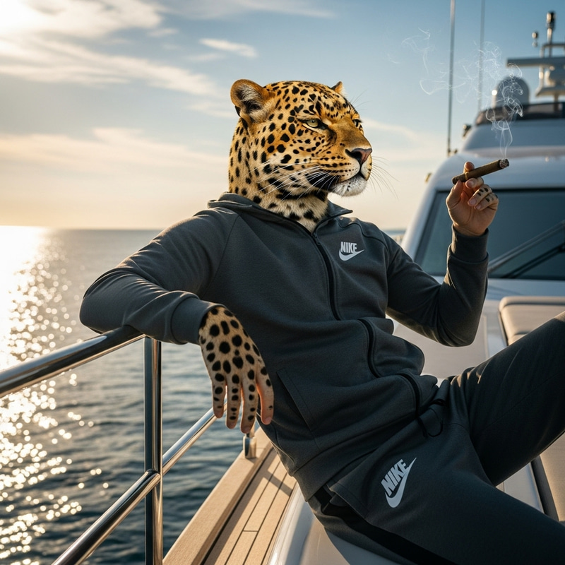 Leopard-Headed Humanoid Enjoying Smoke on Yacht | Nike Outfit