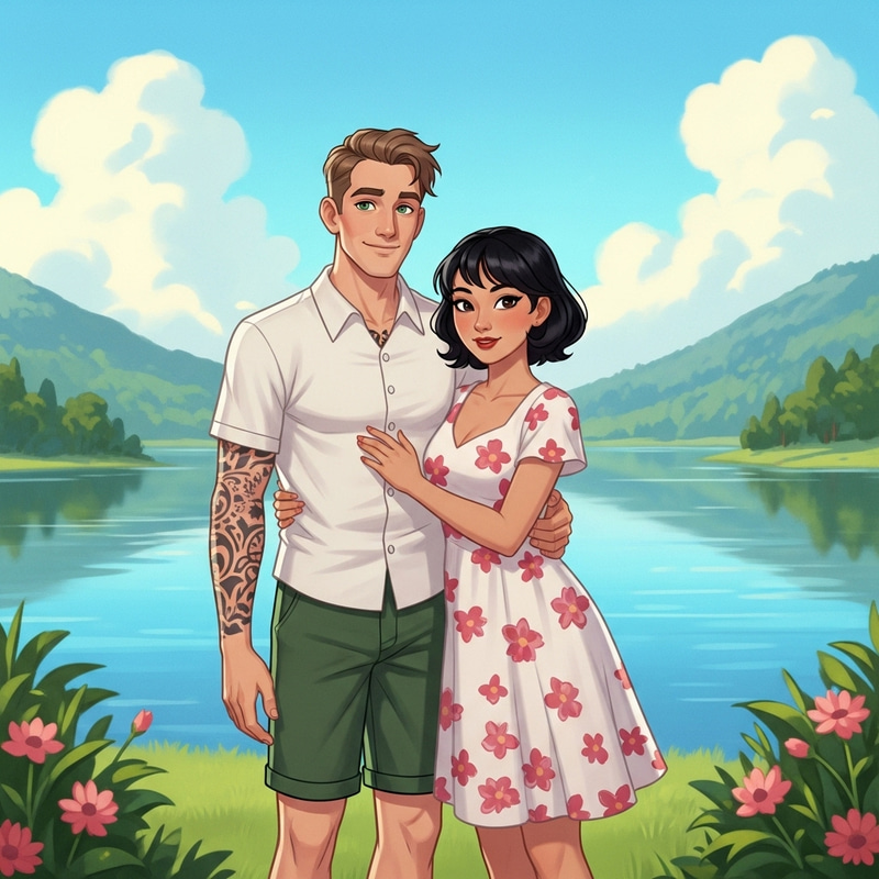 Vintage Hand-Drawn Animation Style Couple by Lake | High Quality Art