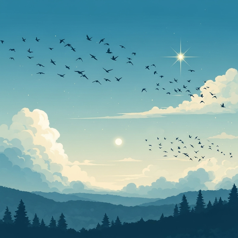 Tranquil Nature Wallpaper: Birds in Sky, Moonlight, Anime Style - 4k Resolution Tranquil Nature Wallpaper: Birds in Sky, Moonlight, Anime Style - 4k Resolution