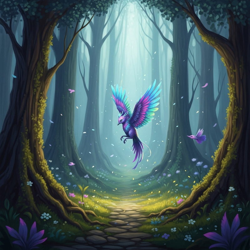 Enchanting Mystical Creature in Vibrant Fantasy Forest | Iridescent Colors Enchanting Mystical Creature in Vibrant Fantasy Forest | Iridescent Colors