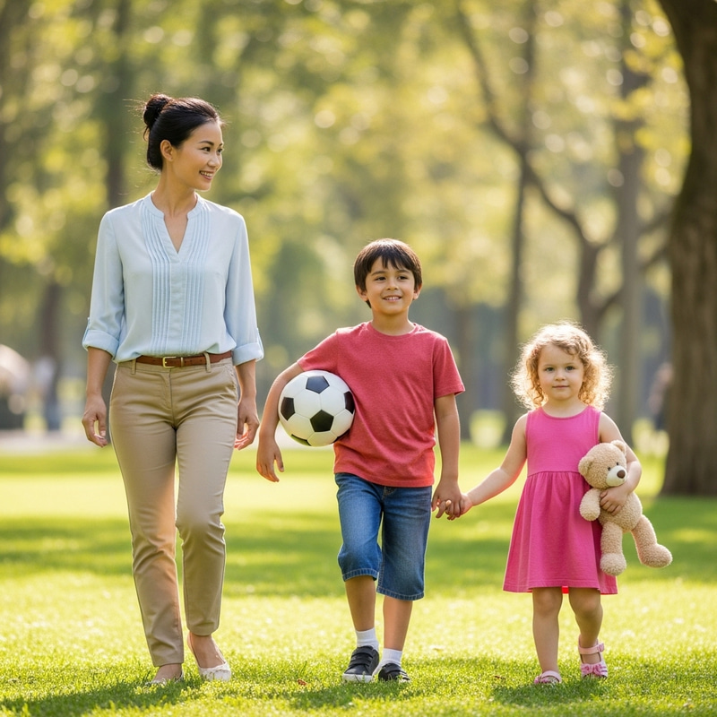 Lively Family Park Stroll: Mom, 9-Yr-Old Son & 2-Yr-Old Daughter
