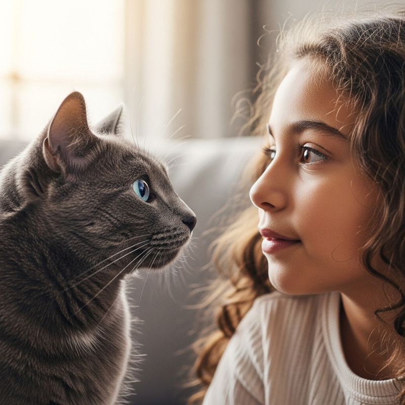 Sweet Moment: Smiling Cat and Girl in Home Setting Sweet Moment: Smiling Cat and Girl in Home Setting