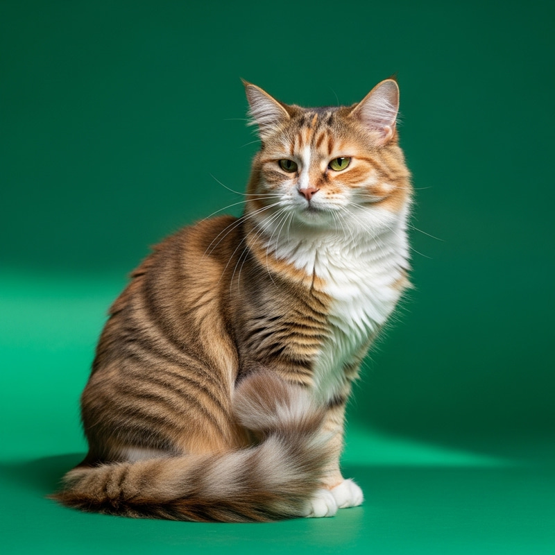Vivid Green Background Portrait of a Tranquil Multi-Colored Long-Haired Cat Vivid Green Background Portrait of a Tranquil Multi-Colored Long-Haired Cat