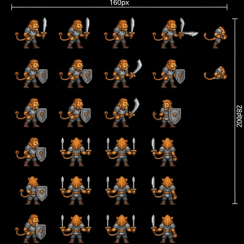 Pixel Art Sprite Sheet of Lion Humanoid for Dungeons and Dragons RPG