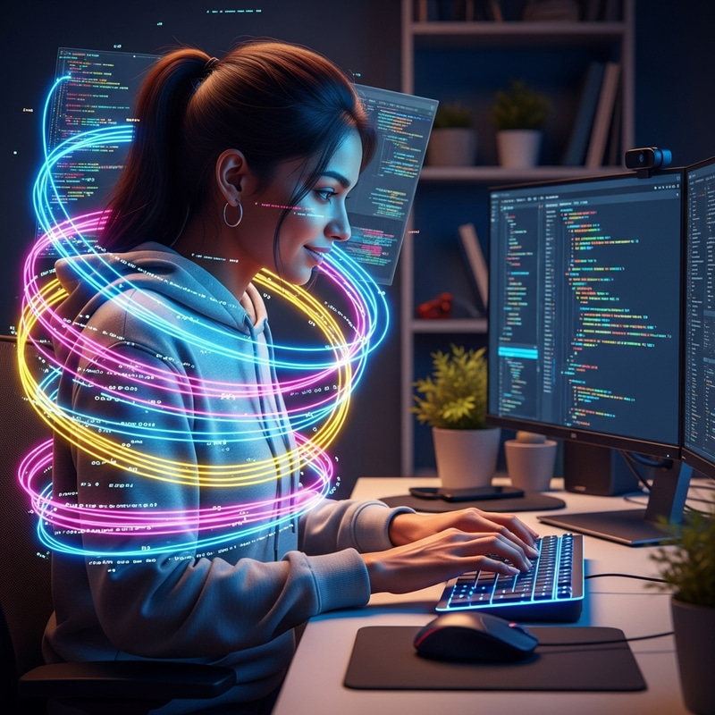 Passionate Female Developer Coding with Creative Code Surrounding Her Passionate Female Developer Coding with Creative Code Surrounding Her