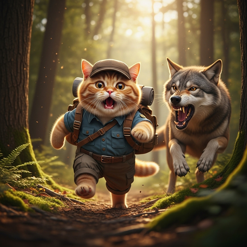 Realistic Red British Cat vs Vicious Wolf in Forest Chase Realistic Red British Cat vs Vicious Wolf in Forest Chase