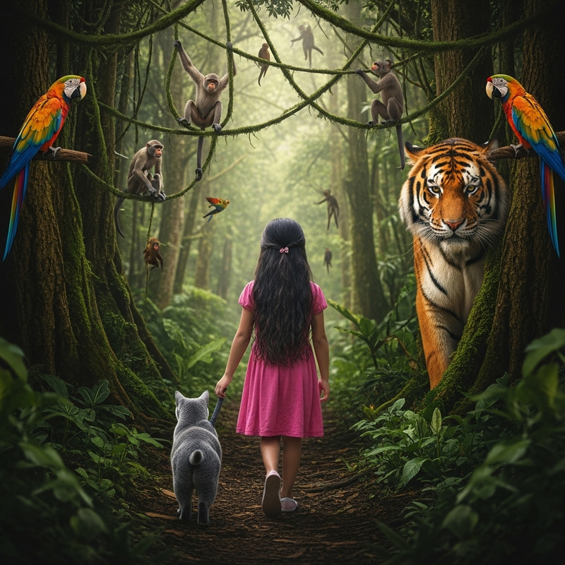 12-Year Old Hispanic Girl and Grey Cat Explore Realistic Jungle