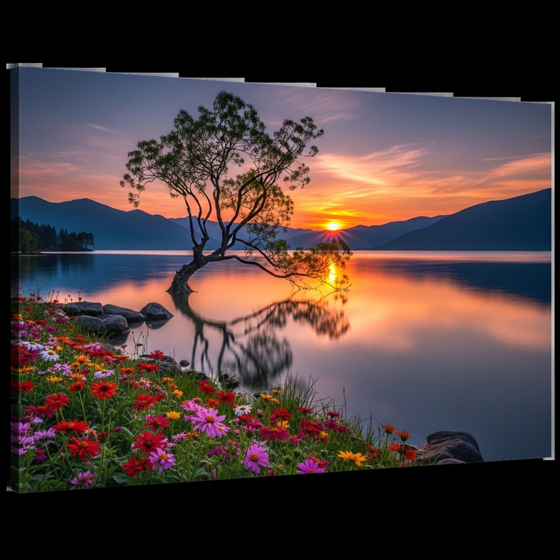 Captivating Sunset Landscape with Ancient Tree and Vibrant Flowers Captivating Sunset Landscape with Ancient Tree and Vibrant Flowers
