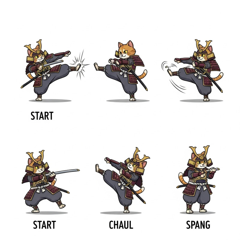 Manul Cat Samurai Kick: 7 Stages in Anime Motion Manul Cat Samurai Kick: 7 Stages in Anime Motion