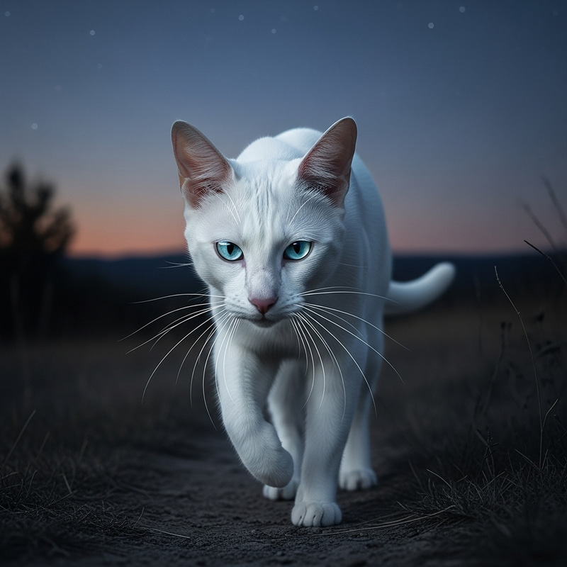 Sleek White Cat in Twilight: Radiant Fur, Piercing Blue Eyes Sleek White Cat in Twilight: Radiant Fur, Piercing Blue Eyes