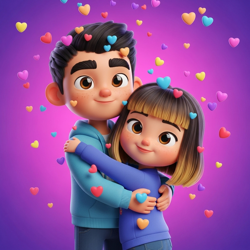 Whimsical Couple Embraced in a Shower of Colorful Hearts Whimsical Couple Embraced in a Shower of Colorful Hearts