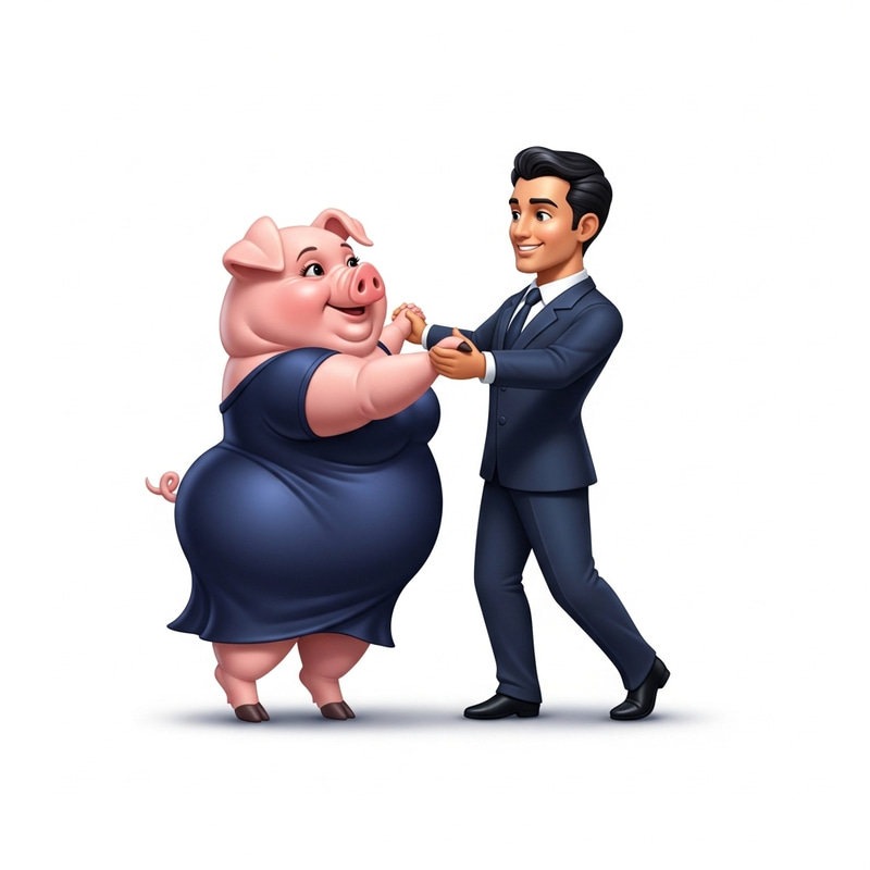 Obese Anthropomorphic Pig Dancing with Human Man