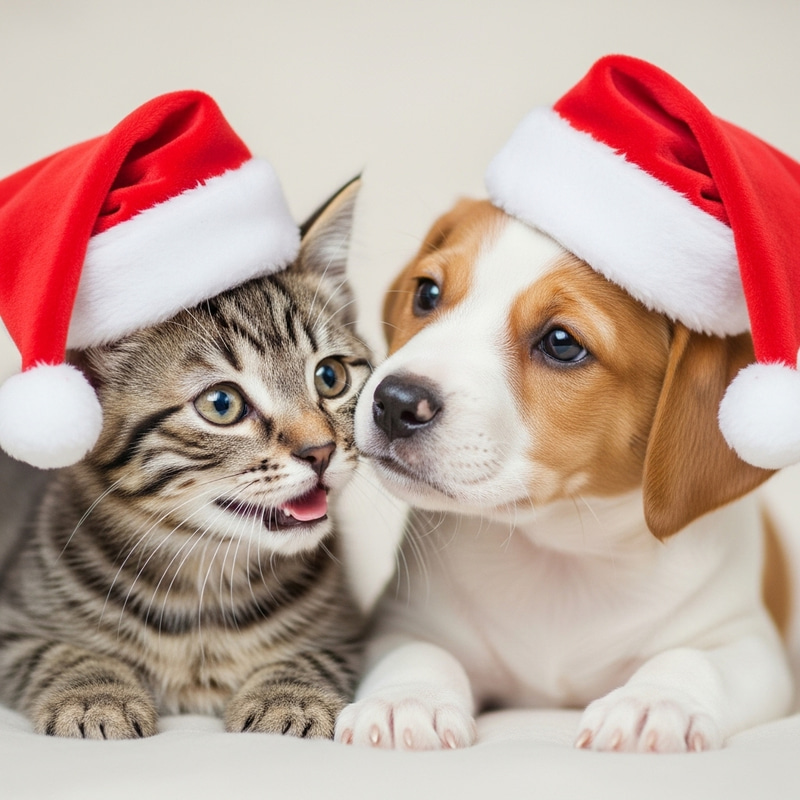 Cute Kitten and Puppy in Festive Hats | Holiday Photo Studio Cute Kitten and Puppy in Festive Hats | Holiday Photo Studio