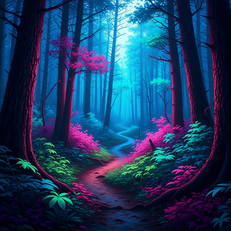 Mystical Neon Forest with Hidden Paths Mystical Neon Forest with Hidden Paths