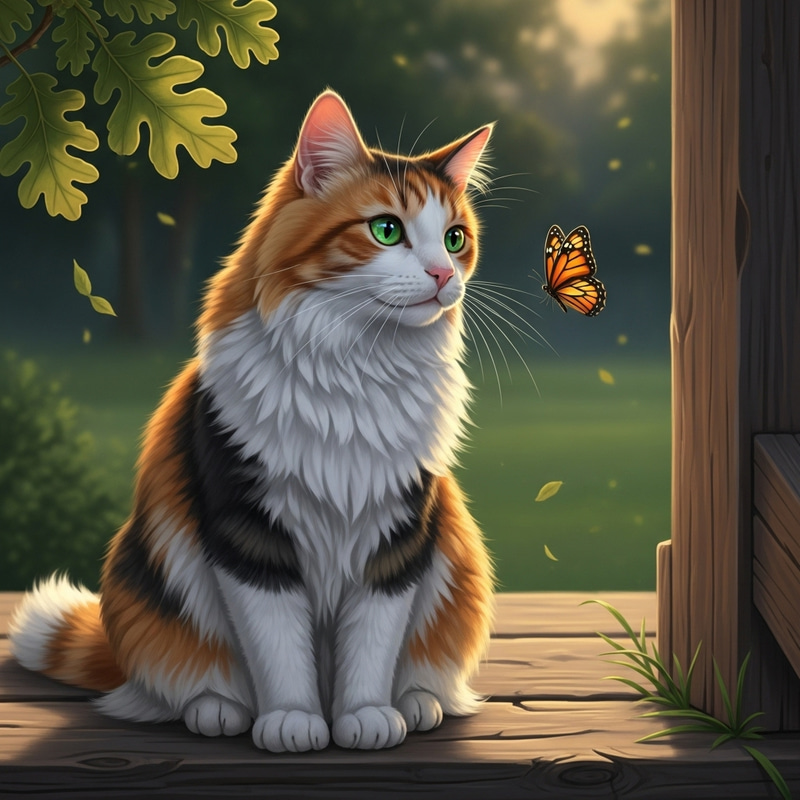 Elegant Medium-Length Fur Cat in Vibrant Orange, White & Black Elegant Medium-Length Fur Cat in Vibrant Orange, White & Black