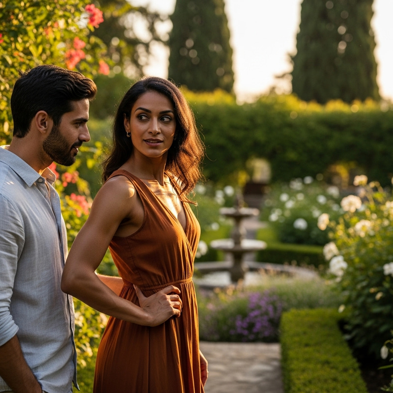 Captivating South Asian Woman and Hispanic Man in a Beautiful Garden Setting Captivating South Asian Woman and Hispanic Man in a Beautiful Garden Setting
