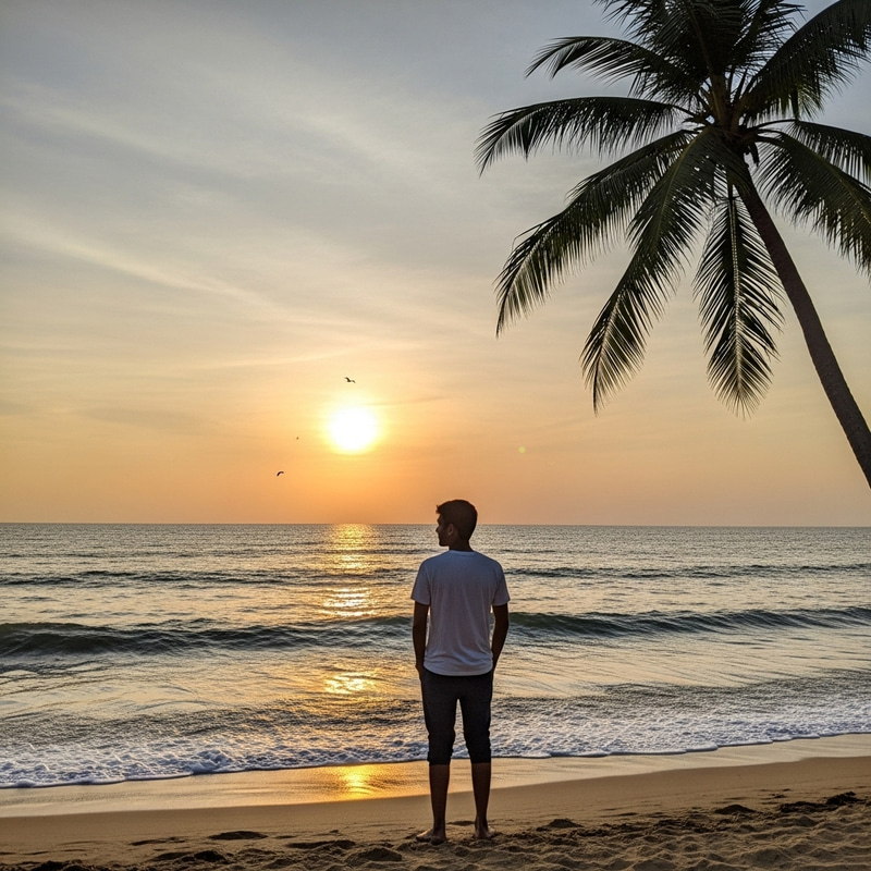 Beautiful Sunset Beach Scene with Man Gazing at Sun Beautiful Sunset Beach Scene with Man Gazing at Sun