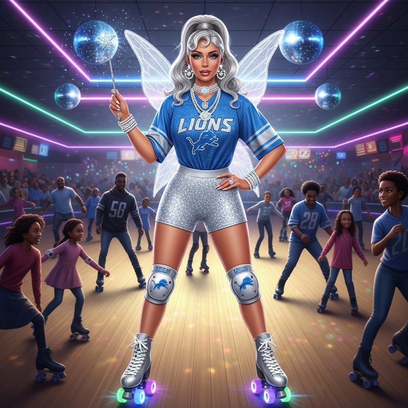 Hyper Realistic Fairy Godmother on Skates in Detroit Lions Outfit
