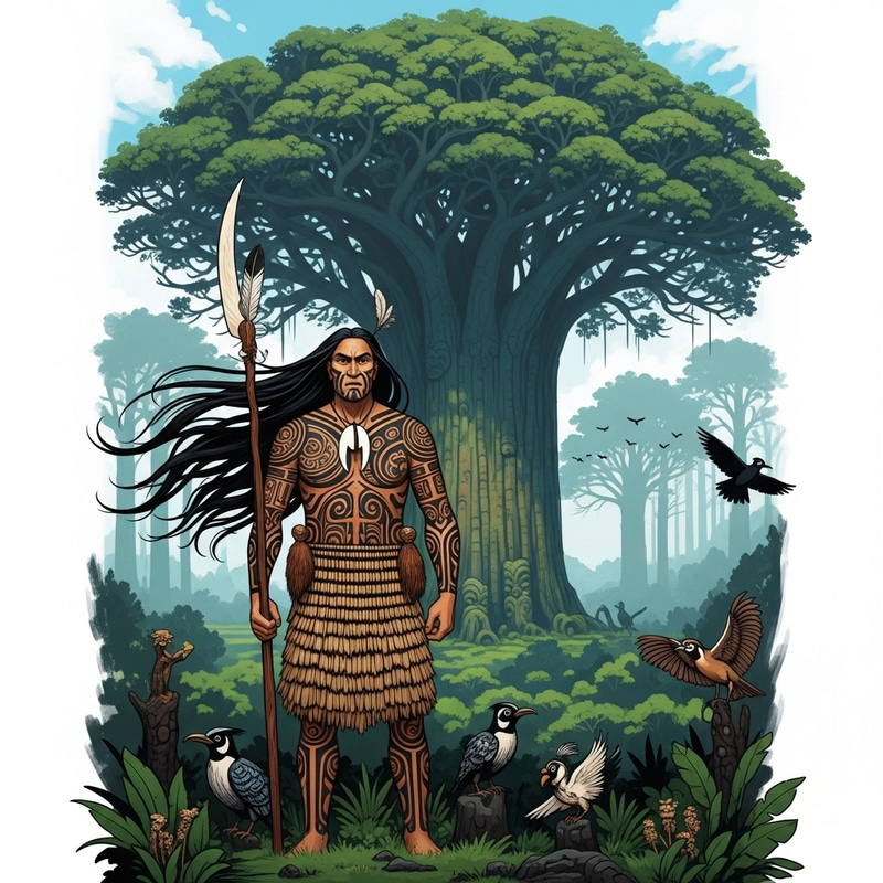 Tane Mahuta: Maori God of Forests and Birds in a Vibrant Scene