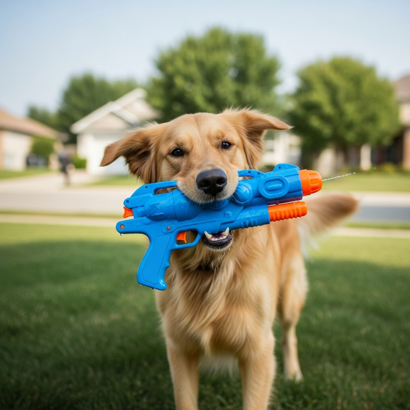 Playful Dog with Pistol - Fun Pet Photography Playful Dog with Pistol - Fun Pet Photography