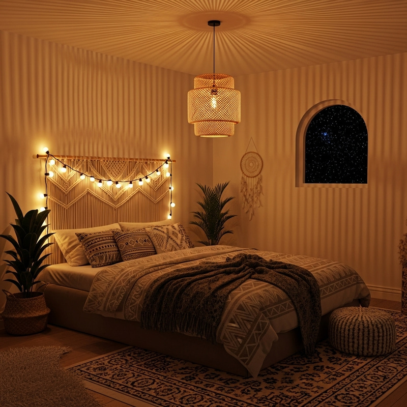Warm Bohemian Style Bedroom with Double Bed and Serene Starlit Night Ambiance Warm Bohemian Style Bedroom with Double Bed and Serene Starlit Night Ambiance